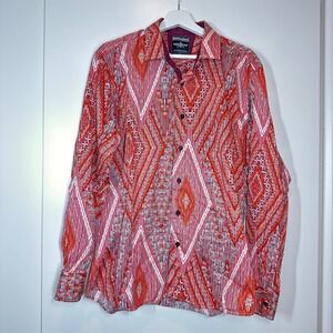 BARABAS Mens XL Button Down Shirt Red Pink Geometric Print Button Up